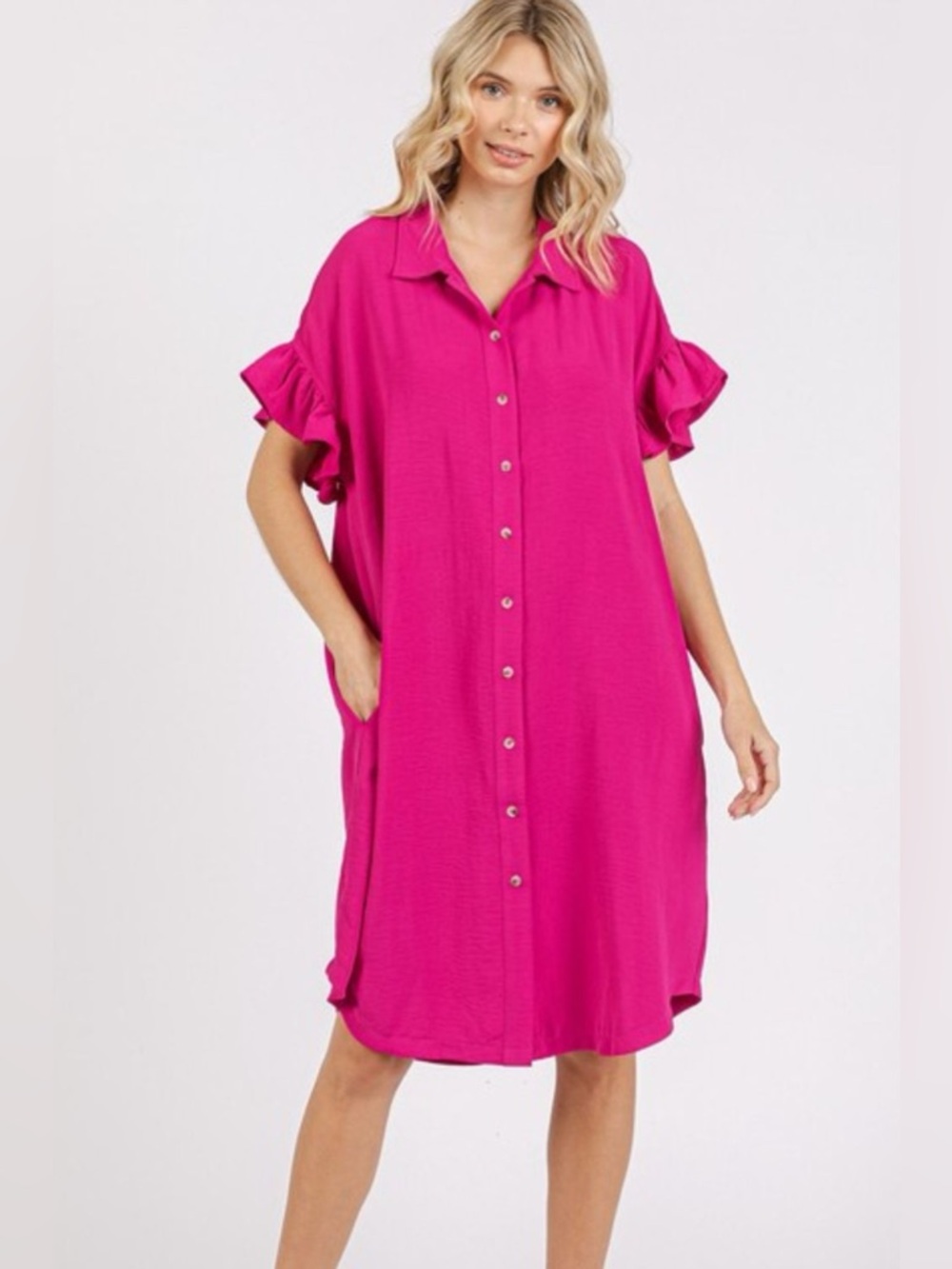 Mittoshop Button Down Flounce Sleeve Dress with Pockets - Picture 3 of 4